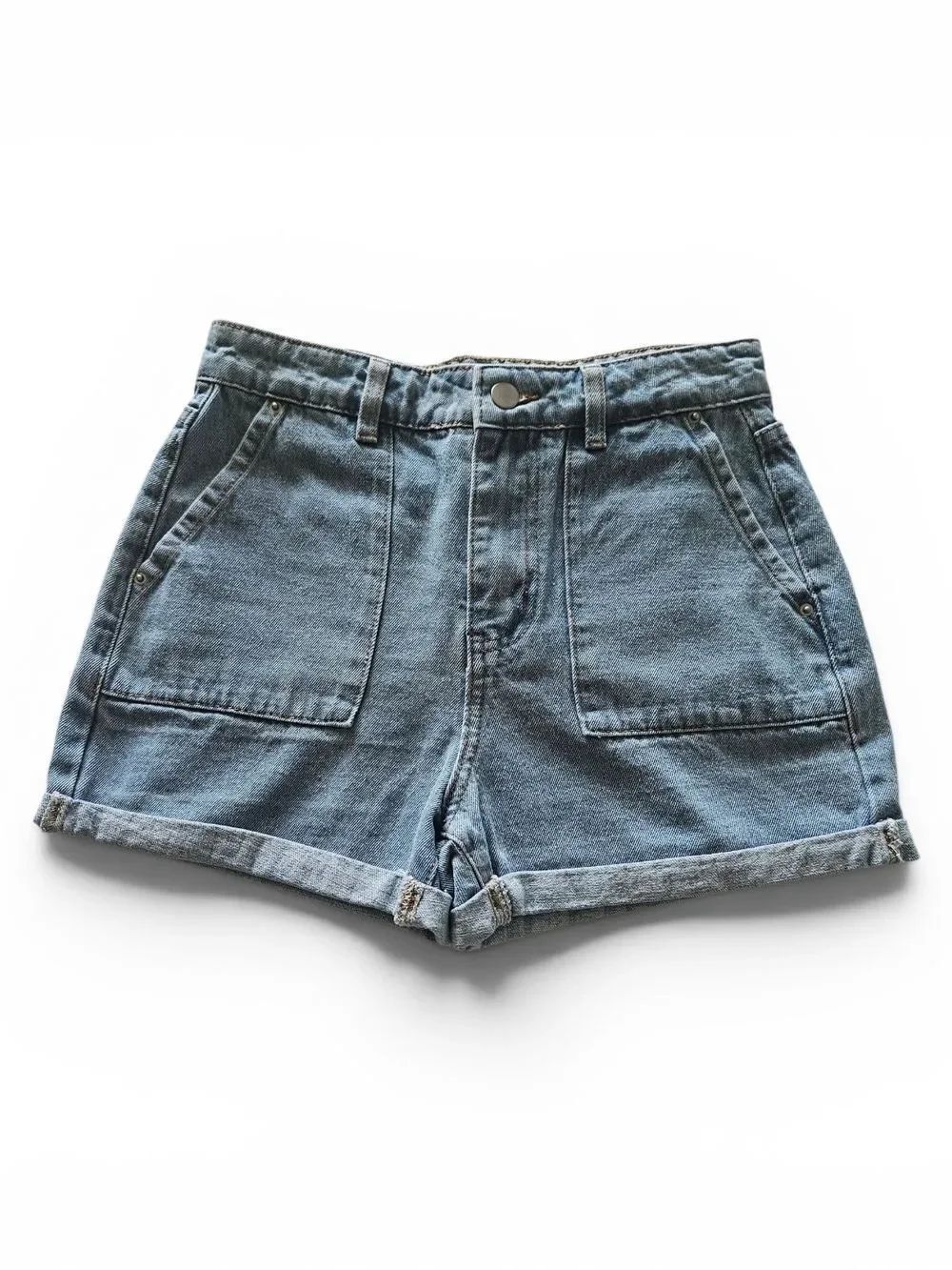 Nasty Gal Patch Pocket Light Wash Denim Shorts Cuffed Hem Size 4